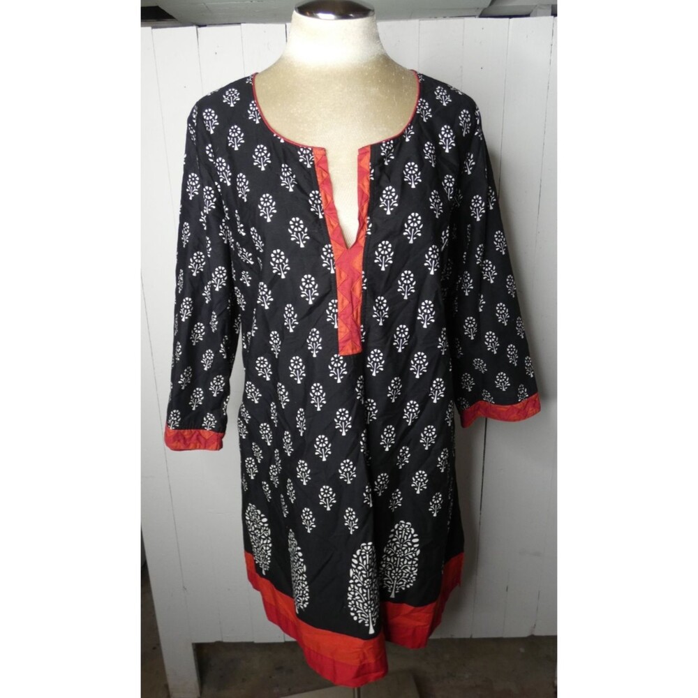 Soft Surroundings Women's L Cotton Boho Tunic Top Vneck Red Black White